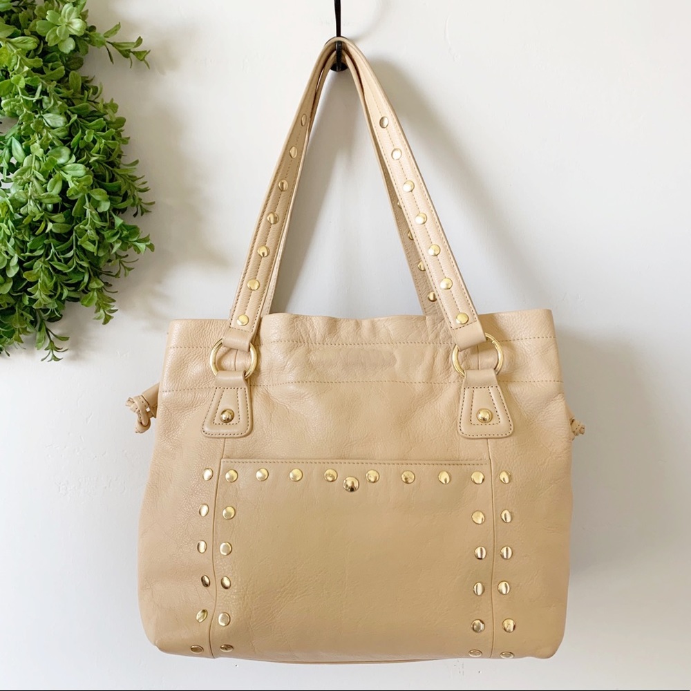 ( Twiggy ) Tan Leather Gold Studded Large Purse
